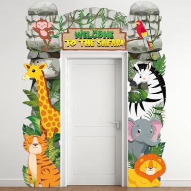 Imagem de 3 peças de decoração de porta de animais de safári da selva Bem-vindo à porta do safári banner de varanda de animais selvagens placas de banner floresta tropical zoológico pano de fundo pendurado para