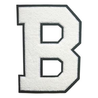 Imagem de 1 Patch de letra de chenille de ferro branco de 16,5 cm com borda preta – Remendos do alfabeto para roupas, jaquetas, mochilas, chapéus para decoração personalizada, nome personalizado e artesanato