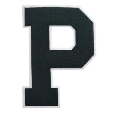 Imagem de 1 Patch de letra de chenille preto de 16,5 cm com borda branca – Adesivos do alfabeto para roupas, jaquetas, mochilas, chapéus para decoração personalizada, nome personalizado e artesanato. (P)