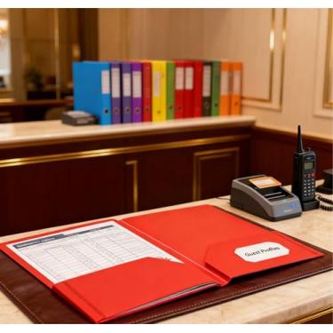 Imagem de Pacote com 6 pastas de plástico de dois bolsos com bolsos e compartimento para cartão de visita multicolorido 24 x 29 cm