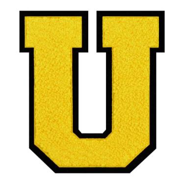 Imagem de 1 PÇ Patch de letra de chenille amarelo de 15 cm com borda preta – Remendos do alfabeto para roupas, jaquetas, mochilas, chapéus para decoração personalizada, nome personalizado e artesanato. (U)