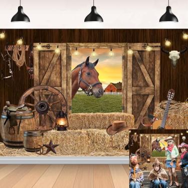 Imagem de Pano de fundo de aniversário de cowboy ocidental rústico ocidental cavalo de madeira fazenda porta de celeiro fotografia para crianças adultos tema caubói selvagem decorações de festa 2,4 x 1,8 m