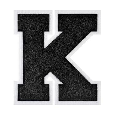 Imagem de 1 Patch de letra de chenille preto de 11,4 cm com borda branca – Adesivos do alfabeto para roupas, jaquetas, mochilas, chapéus para decoração personalizada, nome personalizado e artesanato. (K)