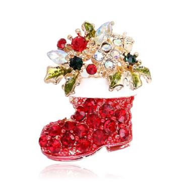 Imagem de RLHRNDE Broche de cristal de strass de Natal para mulheres homem elegante chapéu de Natal sino boneco de neve gato guirlanda luva rena anjo botas pinos moda brilhante combinando joias de Natal