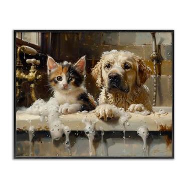 Imagem de Stupell Industries Arte giclée emoldurada cinza Cat & Dog Bath Buddies, design de Shawna Stewart, 61 x 76 cm