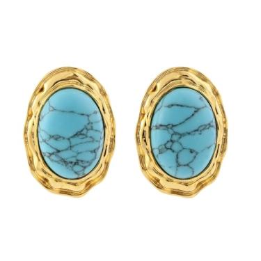 Imagem de ORIGENCE Brincos grandes de turquesa para mulheres, banhado a ouro 14 K, turquesa, boêmia, joia ocidental, vintage, vintage, azul-petróleo, joia moderna, oval, retrô, presente