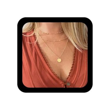 Imagem de Ximdble Colar vintage em camadas com pingente de moeda minúscula, colar retrô de disco, gargantilha em camadas, corrente de contas, joia para mulheres