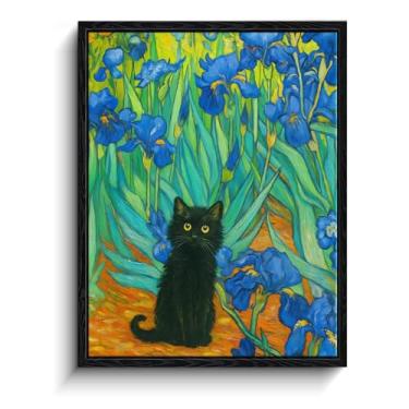Imagem de Arte de parede emoldurada de gato preto, gato preto engraçado em Van Gogh Iris impressão de arte texturizada, pôsteres de gato eclético para quarto, sala de estar, banheiro, decoração de parede, 20 x