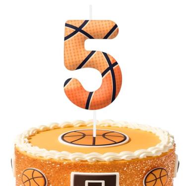 Imagem de Velas de aniversário número 5 de basquete, topo de bolo com tema de basquete para meninos e meninas, decorações de bolo para aniversários, suprimentos de festa com tema esportivo, velas para