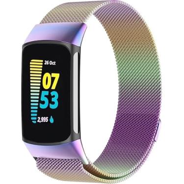 Imagem de PANDA BOBO Pulseira de malha de metal para Fitbit Charge 6/Charge 5, pulseira de substituição ajustável com alça milanesa (multicolorida)