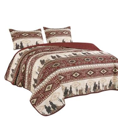 Imagem de WPM WORLD PRODUCTS MART Colcha de cama com estampa de caubói e deserto do sudoeste bege ocidental/bordô, 3 peças, tema oeste, cabana, rancho, conjunto de colcha - Kadence 22366 (especiarias, King)