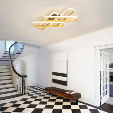 Imagem de Luminária de teto LED dimerizável 3000-6500K com controle remoto, 5 lâmpadas em formato de chama, redondas e retangulares, para sala de jantar, sala de estar, escritório e corredor (Dourada,