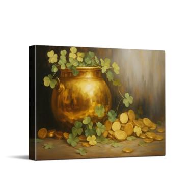 Imagem de Pote de ouro com impressão de arte trevos, arte de parede em tela do dia de São Pátirck, decoração de parede do dia de São Pátirck para bar pub, presente de bênção irlandesa, pôster verde emoldurado
