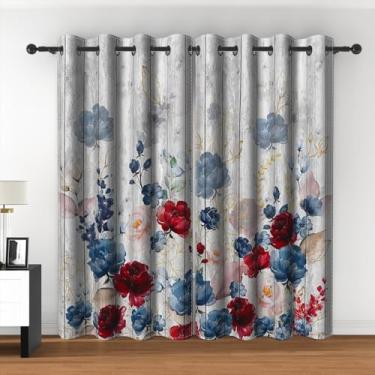 Imagem de Cortinas blackout florais aquarela azul rosa vermelho peônia flor florida cortinas de janela com isolamento térmico para sala de estar rústica cinza quadro de madeira cortinas de janela casa de