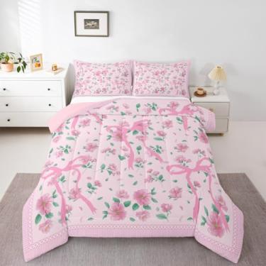 Imagem de Erosebridal Coquette Conjunto de cama de solteiro com laço rosa e laço floral para crianças | Conjunto de cama estilo pastoral de princesa sonhadora, decoração de quarto