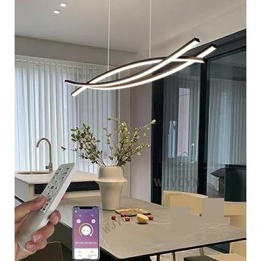 Imagem de Luminária pendente moderna de teto, preta, com LED dimerizável, criativa, para mesa de jantar, com design de anel e altura ajustável, ideal para sala de estar, cozinha e escritório. 100 cm d