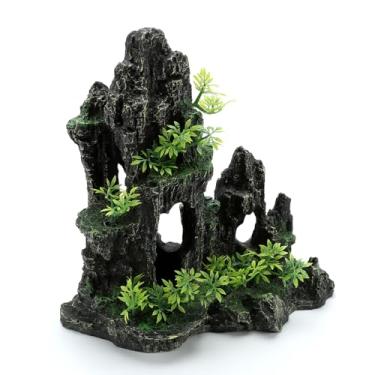 Imagem de Decorações de aquário, enfeites de pedra com vista para montanha, decorações de aquário extragrande e alto, decoração de aquário para esconderijo de tanque de peixes, casa na árvore, caverna de pedra