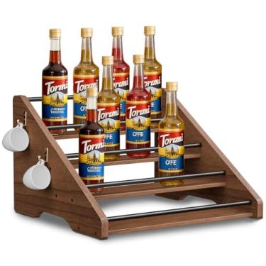 Imagem de AHUONEL Organizador de xarope de café, rack de xarope de madeira maciça de 4 níveis, rack de vinho, organizador de armazenamento para 16 garrafas de xarope/potes de especiarias/garrafas de licor