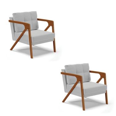Imagem de Kit 02 Poltronas Suede Base De Madeira Castanho Cinza