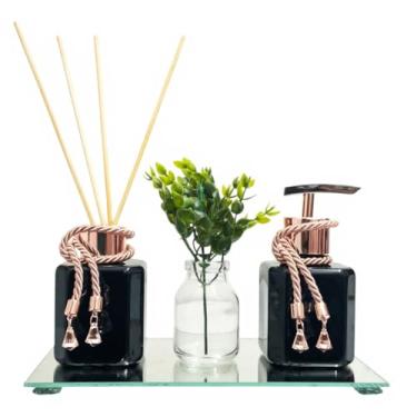 Imagem de Kit Completo Rose Gold Banheiro Lavabo Frasco Pet Difusor e Saboneteira 200ml + Bandeja Vaso Planta(Preto c/Rosé)