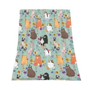 Imagem de Cobertor de flanela de gato de flor verde cobertor macio e aconchegante para sala de estar, sofá, cama, 127 x 152 cm