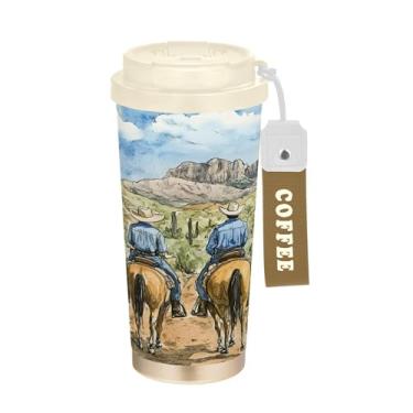 Imagem de SEHANY Caneca de viagem vintage caubói ocidental 482 g xícaras de café reutilizáveis revestidas de cerâmica com tampa à prova de vazamento, parede dupla, isolamento a vácuo, copo de café de aço