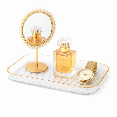 Imagem de Bandeja Decorativa Acrílico Transparente com Detalhes Dourados, 30x20cm, Organizadora Multiuso para Quarto e Banheiro
