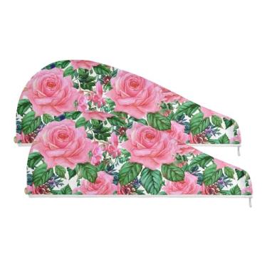 Imagem de SEHANY Toalha de cabelo de microfibra Elegant Roses para mulheres, 2 peças, turbantes de cabelo de secagem rápida com botão, touca de cabelo seco absorvente toalha de secagem de cabelo para cabelos