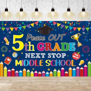 Imagem de Decorações de formatura da 5ª série Congrats Grad Banner Decor, pano de fundo grande de 5ª graduação, faixa de parabéns para escola primária suprimentos para festas de pós-graduação