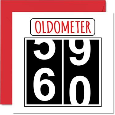 Imagem de Stuff4 Cartões divertidos de aniversário de 60 anos para homens e mulheres - Oldometer - Cartão de feliz aniversário para pai, mãe, avó, avó, tio, tio, primo, 14 x 14 cm, cartão de aniversário de 60