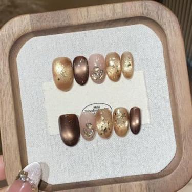 Imagem de Unhas postiças curtas e médias com olho de gato de amêndoa com glitter simples coração Desien cobertura completa cola acrílica falsa em unha para mulheres, 30 peças