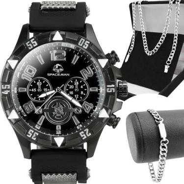 Imagem de Relogio Masculino Aço Inox Preto Silicone + Pulseira Cordao ajustavel 