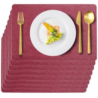 Imagem de Conjunto de jogo americano, preto resistente ao calor, de couro sintético antiderrapante, adequado para uso interno e externo na cozinha, tapetes de mesa de plástico laváveis e limpáveis (6, vermelho)