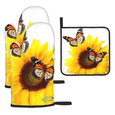 Imagem de Borboletas e girassóis – Conjunto de cozinha essencial com 3 peças, luvas resistentes ao calor e aderência da tampa, proteção para churrasco no forno, design de armazenamento suspenso.