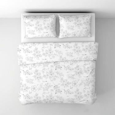 Imagem de Jogo de Cama Lençol Casal Branco com Flores Cinza 4 peças - Prime Home