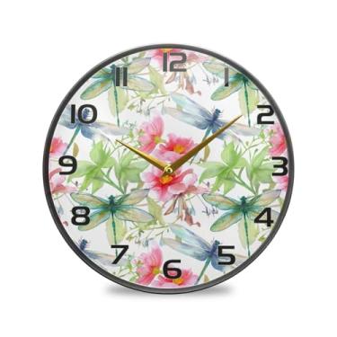 Imagem de YETTASBIN Relógio de parede de acrílico Dragonflies - Silencioso, sem tique-taque, operado por bateria, relógio redondo decorativo criativo para cozinha, sala de estar, banheiro, decoração de