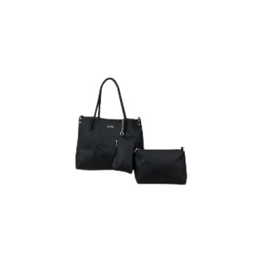 Imagem de Kit 3 Peças Bolsa Feminina Estilo Tote, Couro Sintético, Preta, com Alça Trançada, Bolsa Transversal e Necessaire