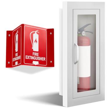 Imagem de Zonon Armário de extintor de incêndio semi-embutido com placa de seta projetada, suporte de parede de grau industrial branco, acabamento de 5 cm, para química seca de 4,5 kg ou CO2 de 2,3 kg