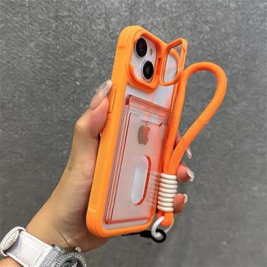 Imagem de Cordão de mão com slot para cartão, capa transparente para iPhone 15 16 Pro Max 14 13 12 11, suporte dobrável para lentes, capa de acrílico, laranja, para iPhone 11 ProMax