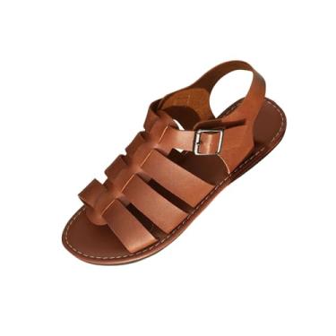 Imagem de Sandália feminina de uma linha com fivela aberta e bico aberto, casual, primavera, verão, confortável, cor sólida, Marrom, 34