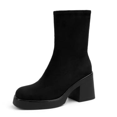 Imagem de Soesyi Bota feminina de cano médio com bico quadrado elástico na panturrilha e plataforma despojada de camurça com zíper e salto grosso, Camurça preta, 38