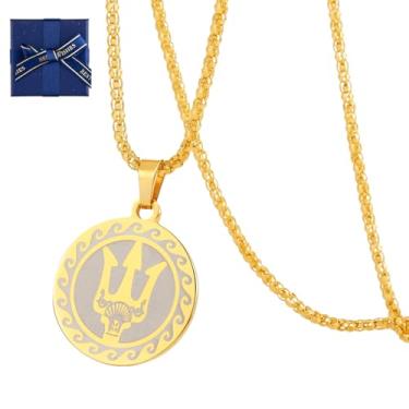 Imagem de Quelay Colar de tridente Poseidon com caixa de presente, fantasia masculina de aço inoxidável, ouro, mitologia grega, pingente de amuleto, Percy Jackson, lembrancinha de festa, presente para meninos