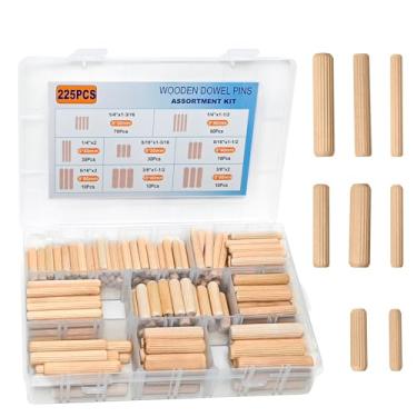 Imagem de Kit de cavilhas de madeira com 8 valores, 1/4 3/8 5/16 polegadas estriado pinos de madeira variados para móveis, marcenaria, artesanato faça você mesmo, 225 peças