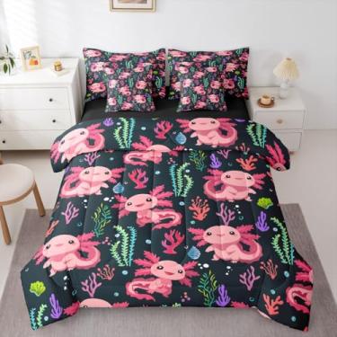 Imagem de Erosebridal Axolotl Conjunto de edredom solteiro, salamandra, 7 peças, kawaii, vida marinha, rosa, coral, mar, erva daninha, axolote, para mulheres, homens, oceano natural, planta aquática, vida