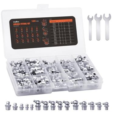 Imagem de TRILINK Kit sortido de acessórios de graxa SAE e Metric Zerk - 120 peças (1/10.2 cm, 1/20.3 cm, M6, M8, M10) bicos de graxa com chave | Ângulos retos, de 45° e 90° para máquinas automotivas, agrícolas