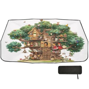 Imagem de Capa de sol de casa de árvore de desenho animado para para-brisa de carro bloco UV persianas de janela de carro retrátil 147 x 75 cm guarda-chuva de para-brisa de carro