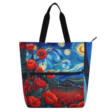 Imagem de GAIGEO Sacola feminina com flores de papoula, noite estrelada, bolsa escolar de lona com zíper, carteiro, para amantes de livros