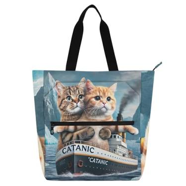 Imagem de GAIGEO Funny Cats Titanic Kitten Tote feminina bolsa de trabalho lona praia escola bolsa reutilizável com compartimentos