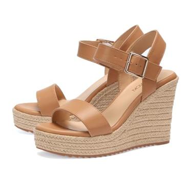 Imagem de Sandálias femininas de verão plataforma sandálias anabela tira no tornozelo sandálias de bico aberto salto alto, Caqui, 7