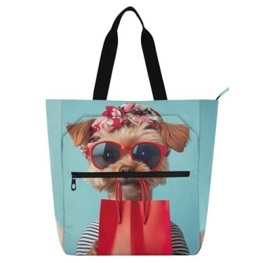Imagem de GAIGEO Sacola chique com estampa de cachorro Yorkie para crianças e mulheres, bolsa escolar com zíper, bolsa de viagem e trabalho escolar resistente à água